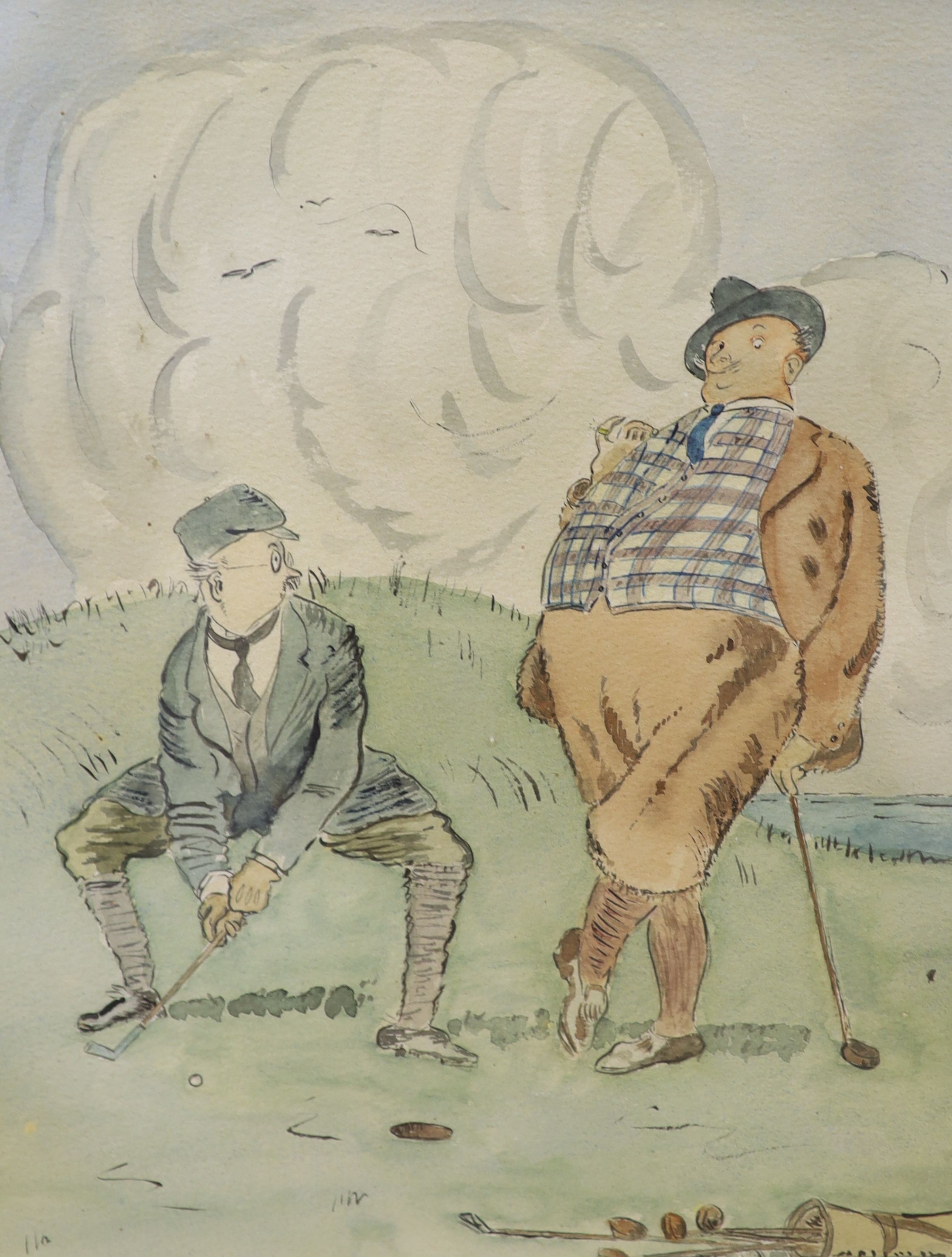 Early 20th century English School, ink and watercolour, Caricature of golfers, 31 x 24cm